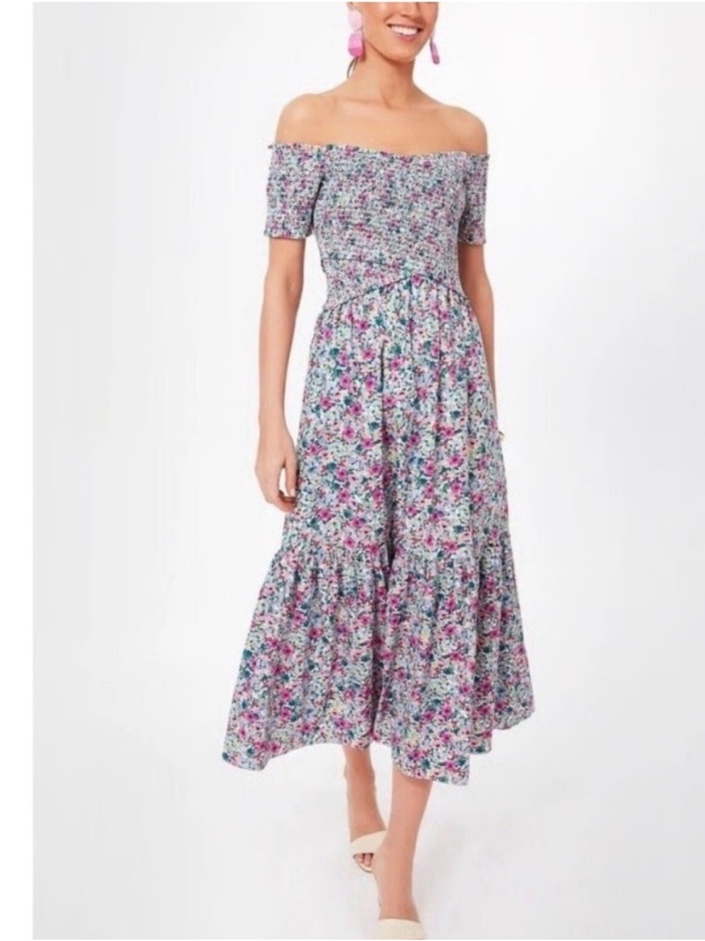 Pomander Place Talia Tuckernuck Maxi Dress Floral Smocked Cross Bodice Tiered L
